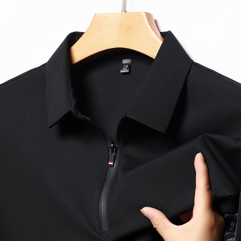 Medelålders mäns långärmad skjorta T-shirt Vår Höst Affärsmässig Casual Nedvikt krage Lös Halv dragkedja Falsk tvådelad topp