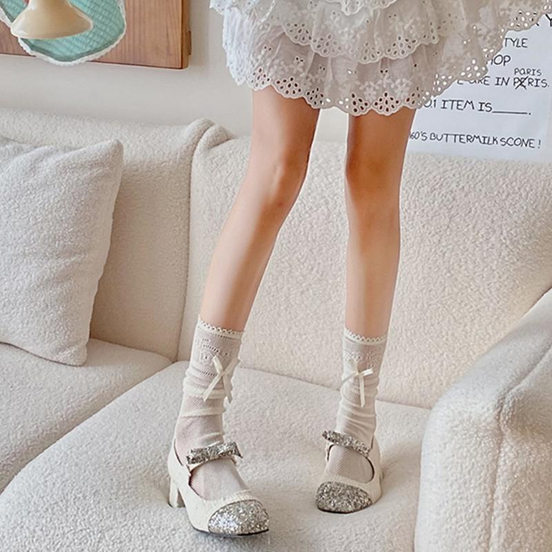 Fishnet Knee Highs Socks Meshes Socks Sweet Bowknot Tie Fishnets Tights Cosplays Costumes Sweet Tube Socks Stockings