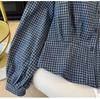Korean Spring Casual Plaid Blue Women's Cropped Waist-Cinching Long Sleeve Shirt