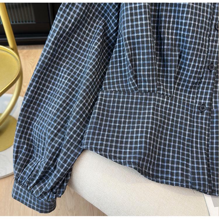 Korean Spring Casual Plaid Blue Women's Cropped Waist-Cinching Long Sleeve Shirt
