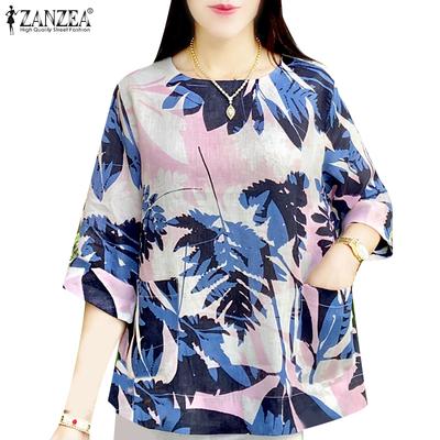 Women Casual O-neck 3/4 Sleeve Loose Print Blouse