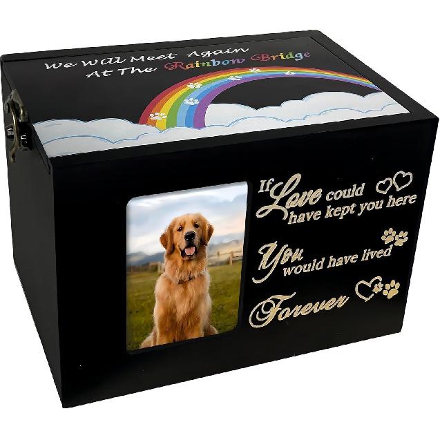 Sofunii Pet Urn for Ashes, Solid Wood Memorial Urn for Dogs & Cats, Rainbow Bridge Keepsake Cremation Box with Photo Frame, Pet Loss Remembrance Gift