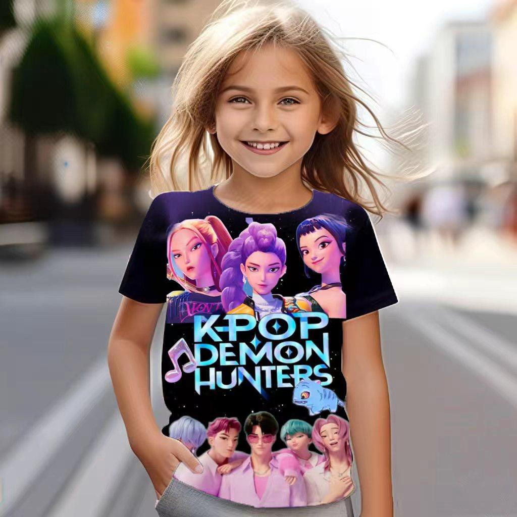 

K-pop Охотники на демонов Периферийная Летняя Удобная Модная Футболка с Круглым Вырезом для Детей Модная Повседневная Мягкая Девочка Креативная Красочная Футболка 110