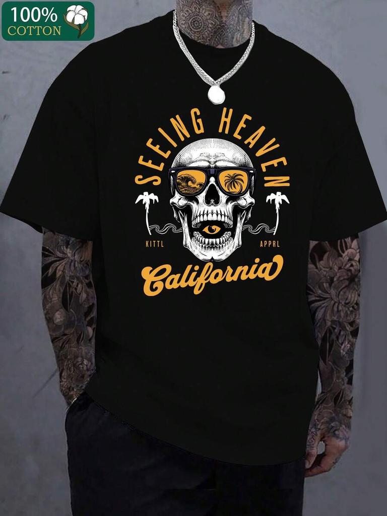 Front Skull Print Round Neck Short Sleeved Unisex T-Shirt, Comfortable And Breathable Fabric