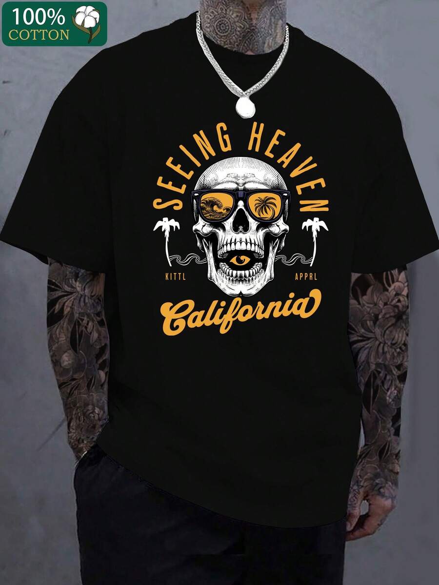 

Front Skull Print Round Neck Short Sleeved Unisex T-Shirt, Comfortable And Breathable Fabric M