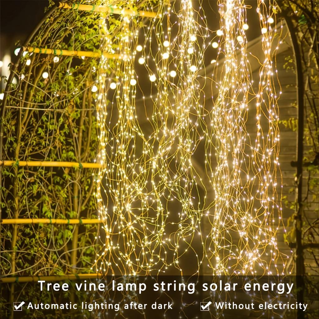 1pc 200/300LED Solar Copper Wire Horsetail String Light Outdoor Garden Tree Cane Fairy Lamp For Home Wedding Festival Decoration