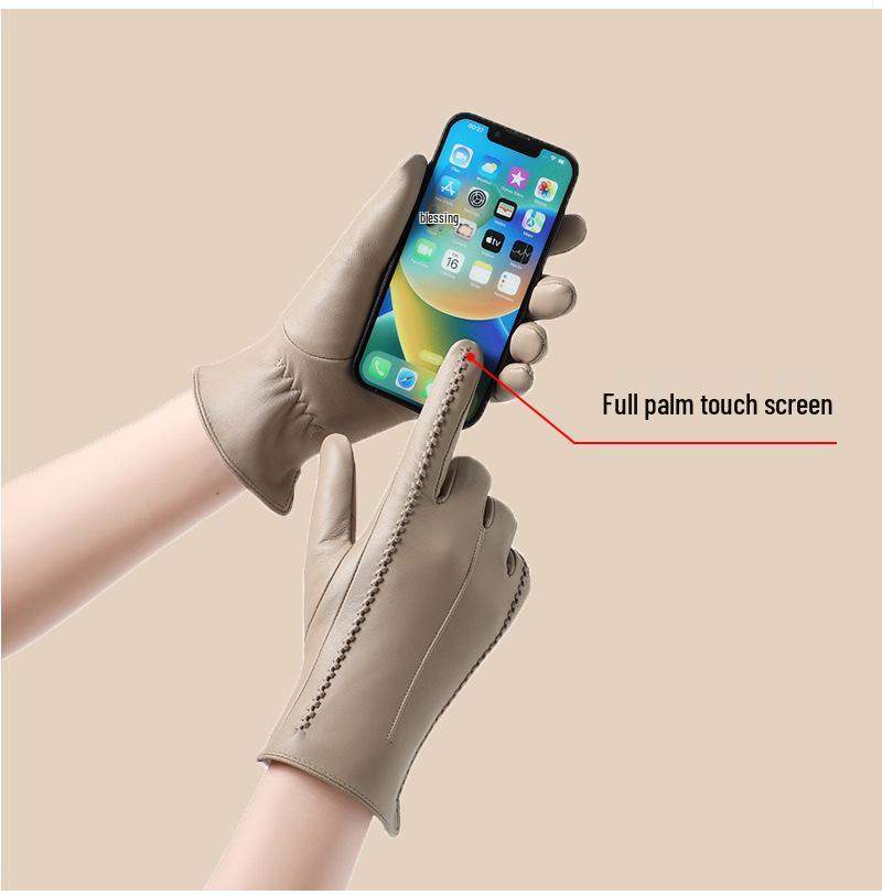 Women's Winter Warm Lambskin Leather Gloves - Windproof, Thickened, Touchscreen, Short, Trendy, Light Luxury for Motorcycle Riding