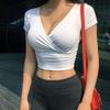 Dámský jednobarevný letní crop top s výstřihem do V – Krátký rukáv, Ležérní a sexy dámské tričko