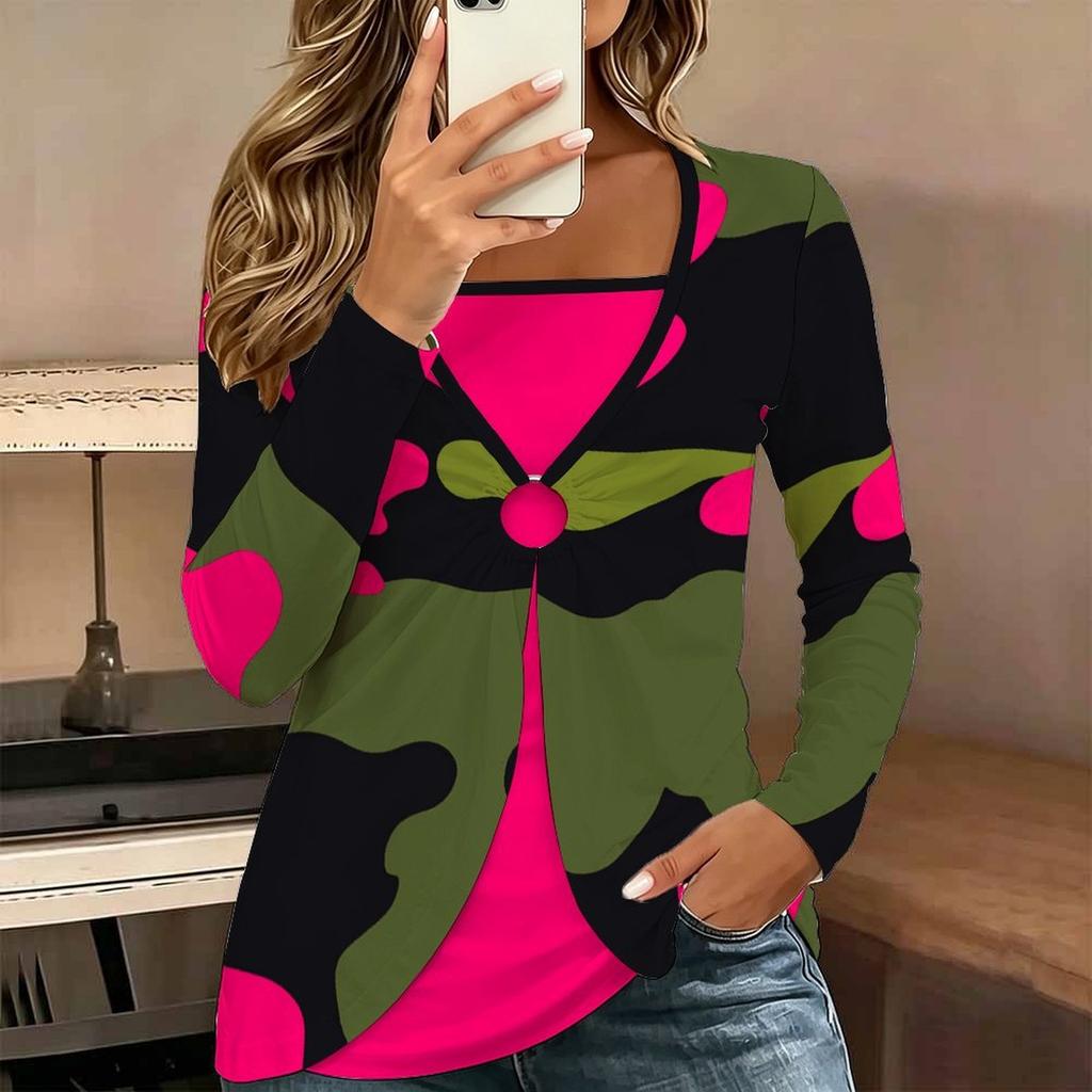 Tops for Women  Camouflage Print Long Sleeve Fake Two‑Piece Top Fall Casual Slim Pullover Women's Long Sleeve Top