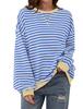 2026 Striped Floral Round Neck Spring Long Sleeve Color Block Pullover T-shirt