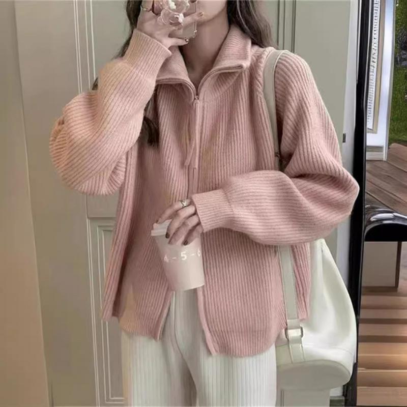 Stand-up collar pit strip double-ended zipper knitted cardigan top trendy autumn and winter new soft waxy meat-covering thin sweater jacket women