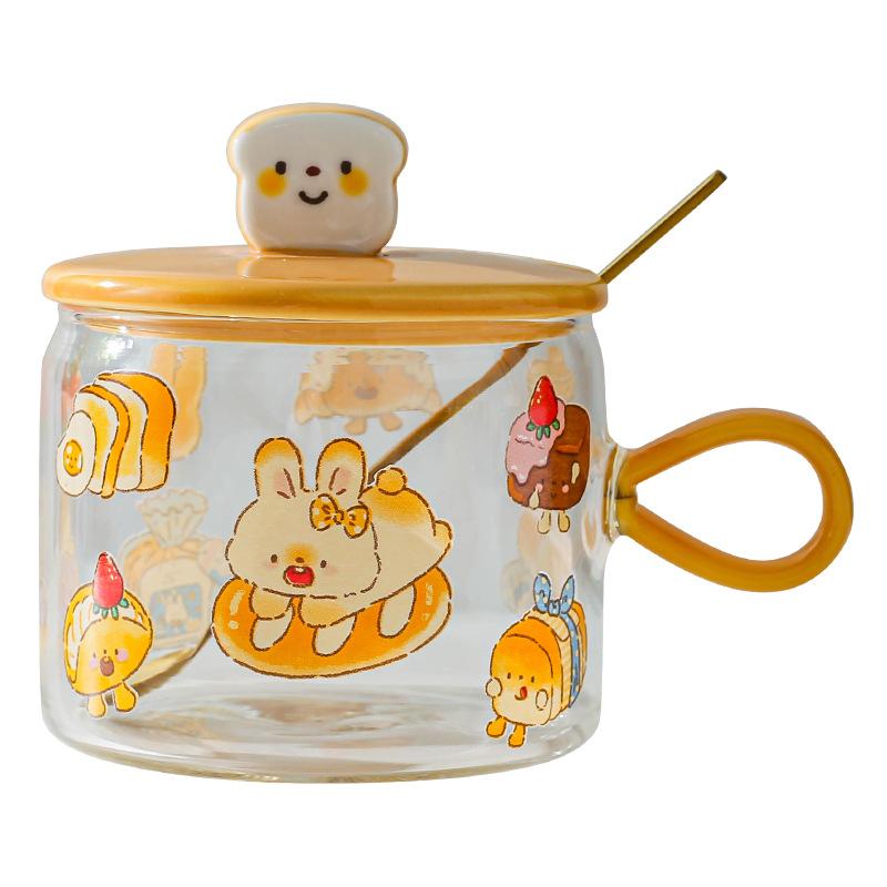 Creative High Borosilicate Glass Cup Heat Resistant Mug Couple Cup Cute Coffee Cup Large Capacity Breakfast Cup with Lid Spoon
