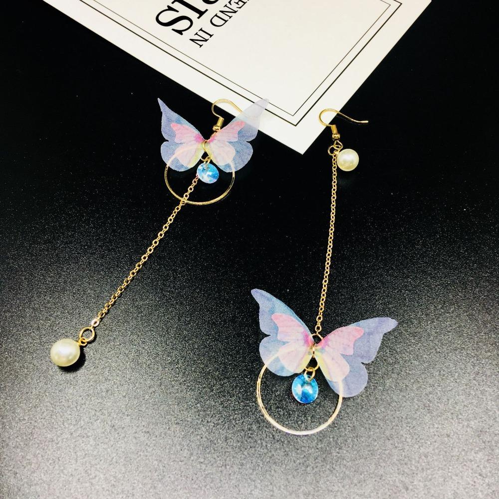 Romance Temperament Asymmetric Butterfly Circle Long Tassels Pearl Pendant Dangle Earrings for Women Korea Retro Jewelry Gifts