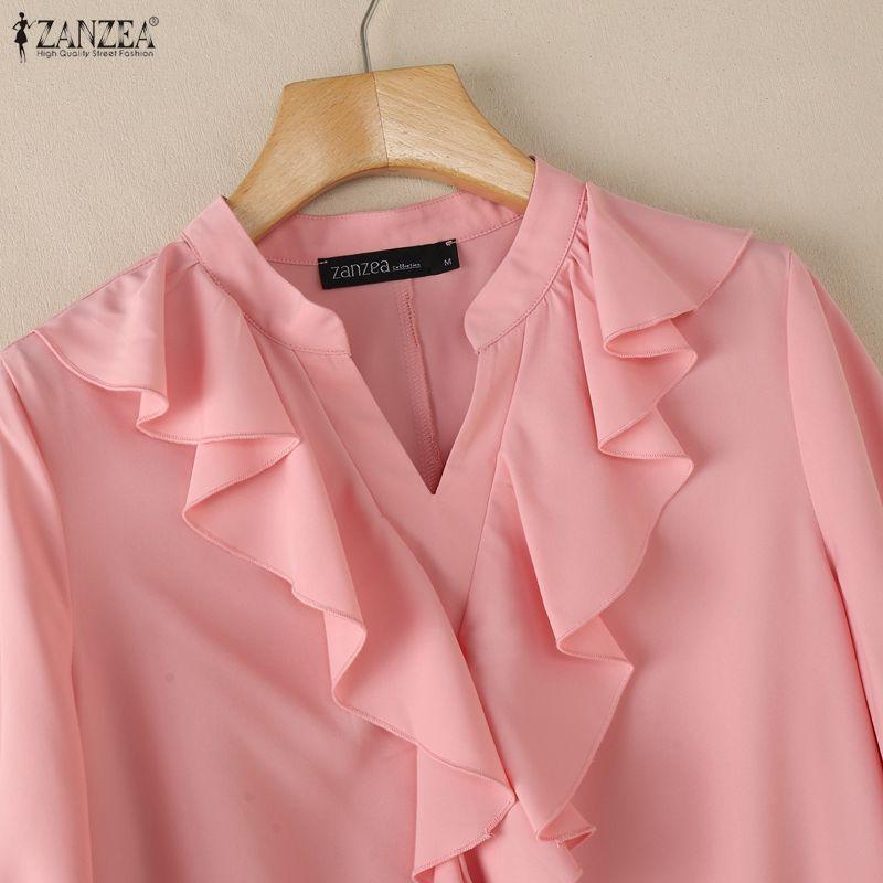 ZANZEA Women Ruffles V-Neck Solid Color Casual 3/4 Sleeve Blouse