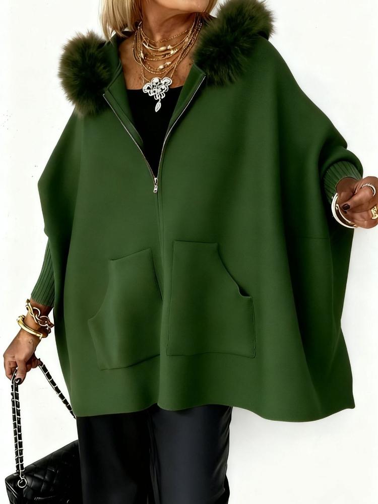 Vibrant Pink Faux Fur Collar Poncho with Zipper Closure and Pockets