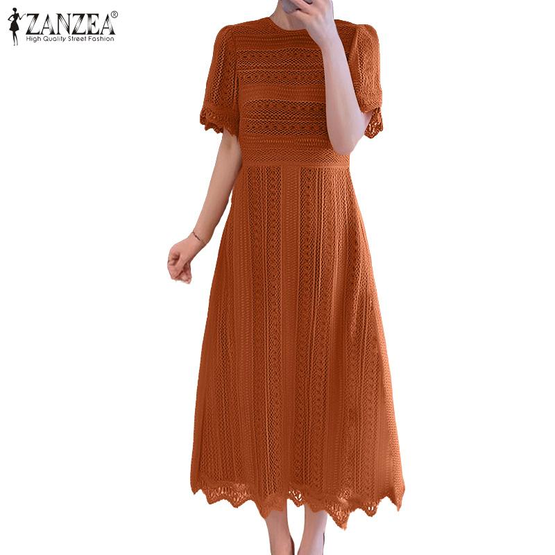 

ZANZEA Elegant Ladies Round Neck Short Sleeve Collect Waist Patchwork Lace Dress 5XL помаранчевий