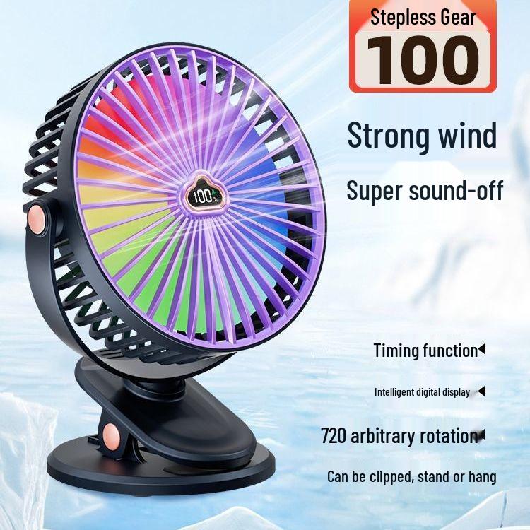 

Rechargeable Clip Fan with 100 Speeds, Atmosphere Light, Timer, Battery Display, 360° Rotation, Long Battery Life for Dorm & Desk Use Standard Version