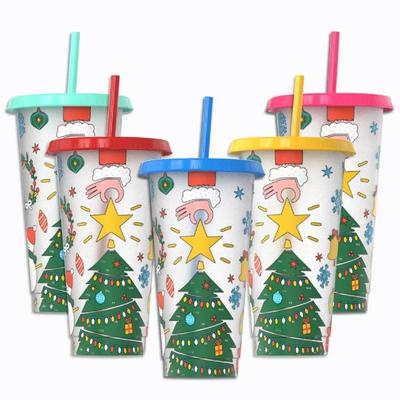 Christmas Cooling Cup 24oz Large Capacity Plastic Straw with Straw Change Color When Cold Christmas Straw Cup