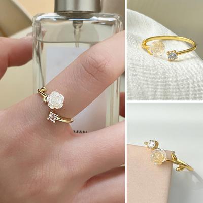 Kamelien-offener Ring, verstellbar, luxuriöses Inlay, Blumen-Dekor, Fingerring-Zubehör