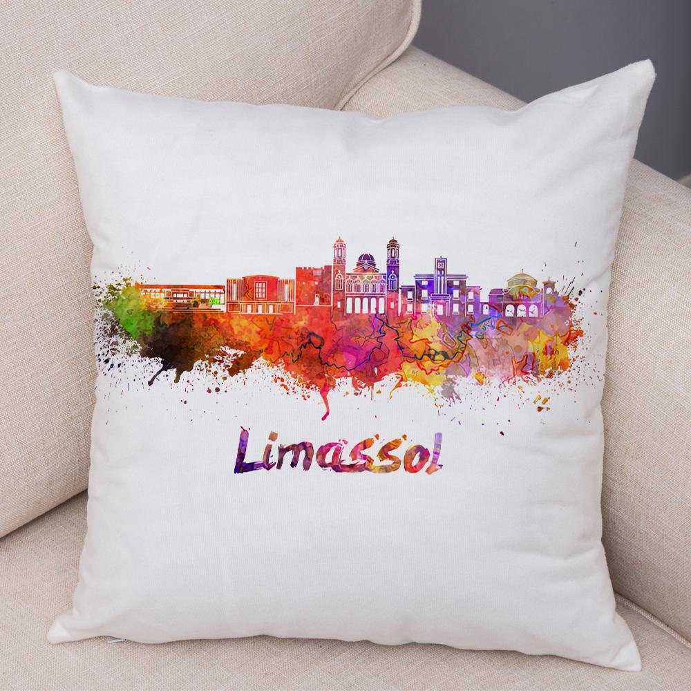 Watercolor City Skyline Cushion Cover Global Landmarks Art Print Soft Linen Living Room Bedroom Home Decor Pillow Case