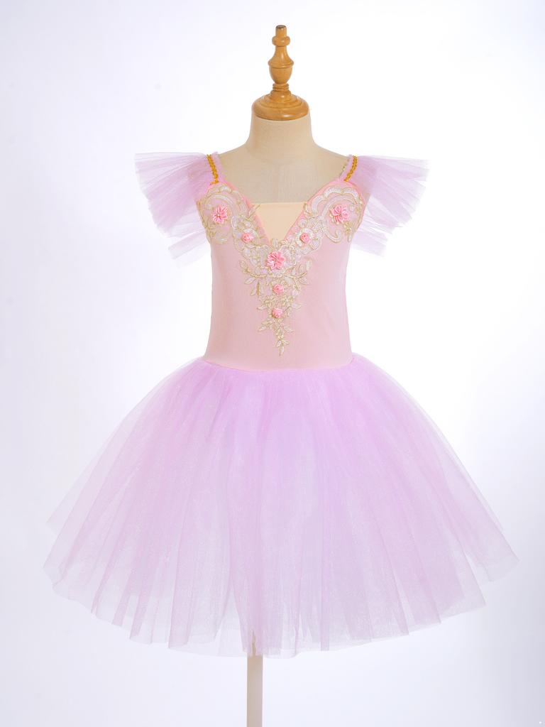 Girls Princess Tutu Dress with Flying Sleeves & Lace Flower Decor, Adjustable Spaghetti Straps, Mesh Skirt + Headdress for Dance Party