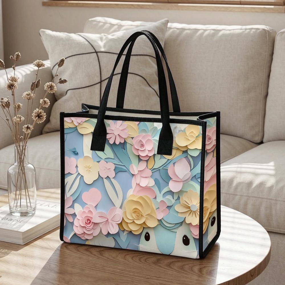 Cute Floral Rabbit Printed Tote Bag Fashion Casual Large Capacity Ladies Daily Handbag