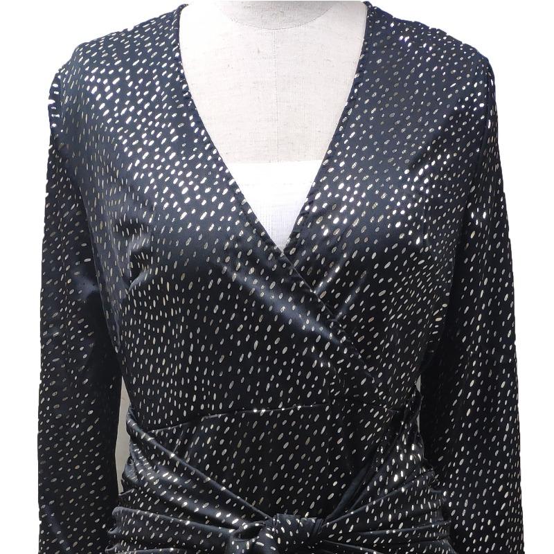 Women's Hot Gold Point V-neck Lantern Sleeve Ruffled Dress Dress Slim Sexy Lace-up Dress