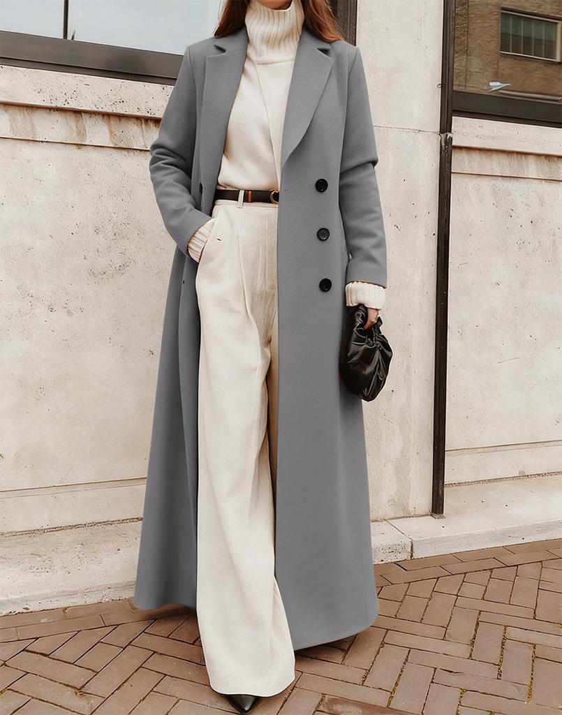 Women's Lapel Collar Solid Color Long Length Wool Blend Coat Double Breasted Warm Winter Outerwear
