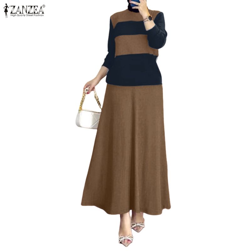 ZANZEA Damen Langarmbluse und Lange Röcke Muslimische Zweiteiler-Anzugsets