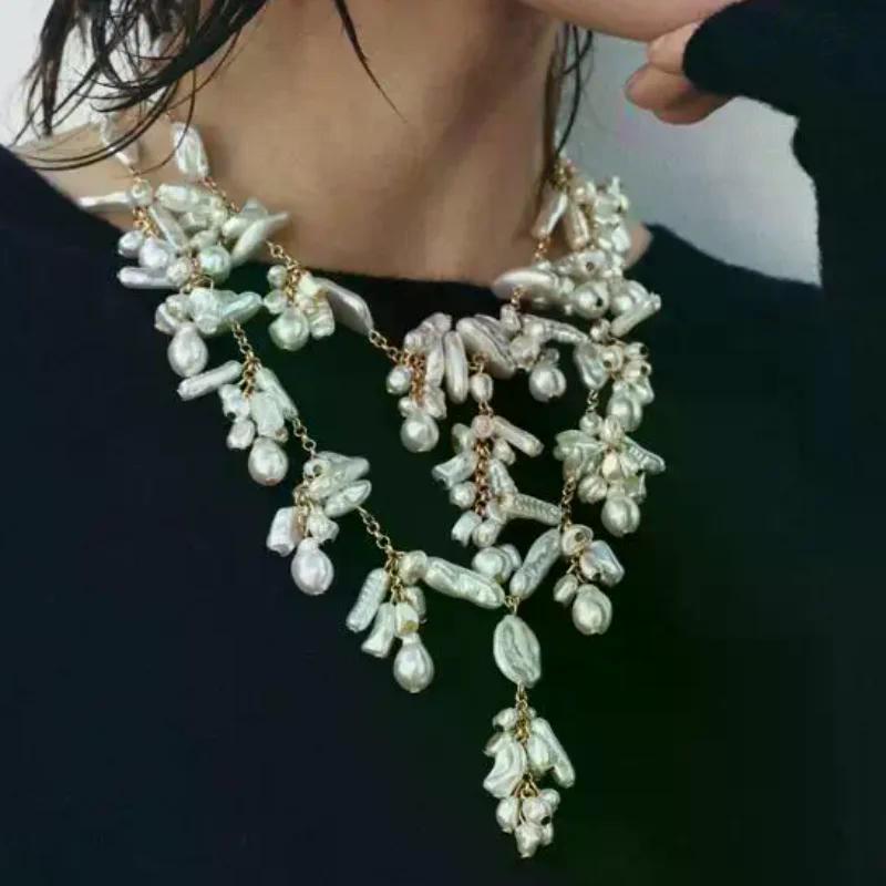 New Trendy Double Layered Irregular Pearl Pendant Necklace Baroque Party Dress Up Women's Neck Jewelry Gift