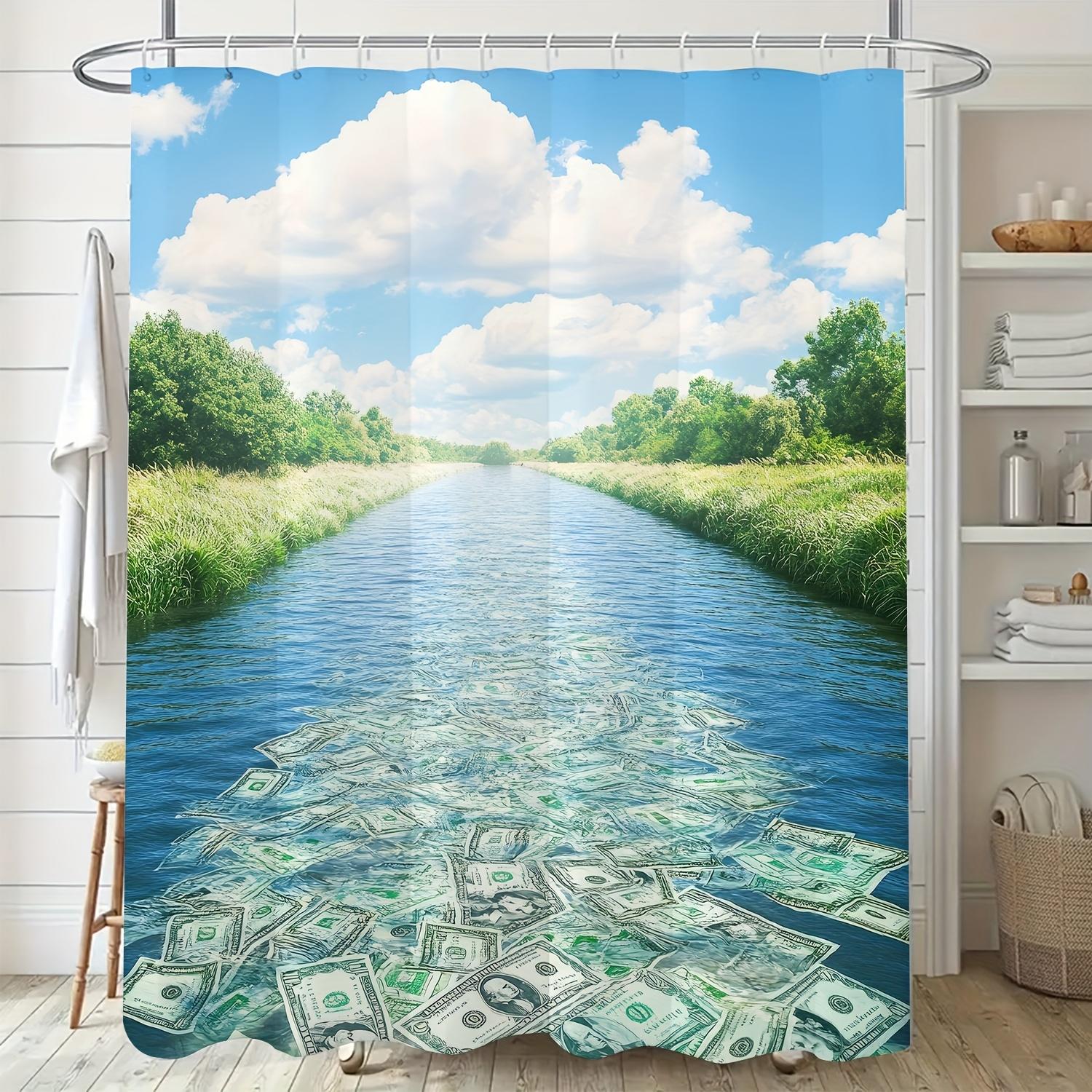 

Modern Cartoon Money River Bath Curtain - Vibrant Blue Water With Dollar Bills, Machine Washable, All-Season Bathroom Decor W60H190(CM)-1 Pcs