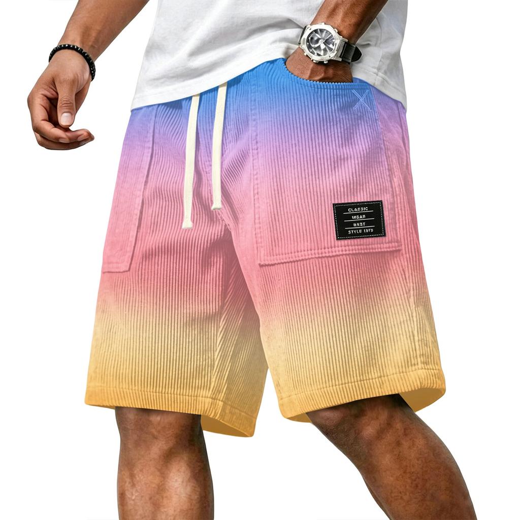 Herren Freizeit Corduroy Kordelzug Shorts Farbverlauf Stil mit Buchstaben Aufnäher Klassisch Bequem Sitz Sommer Strandkleidung