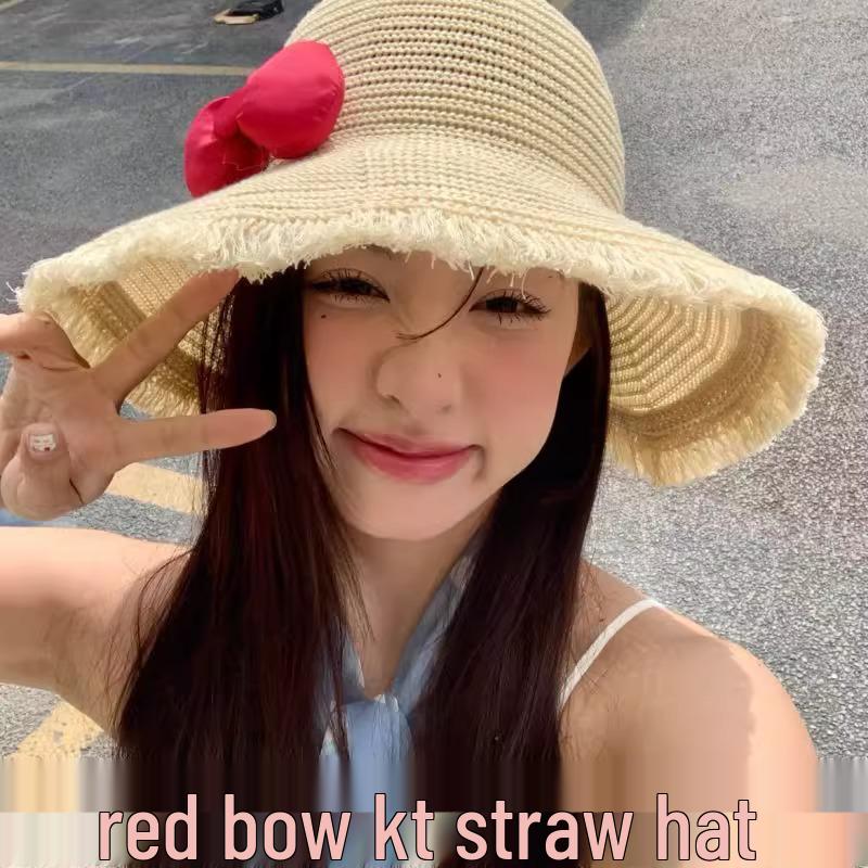 

Женская соломенная шляпа с широкими полями в японском пасторальном стиле с бантом - Летняя защита от УФ-лучей для активного отдыха на побережье