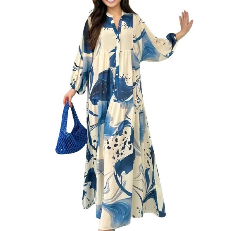 Womens Loose Floral Print Long Sleeve Wrap Dress With Lantern Sleeves High Waist A-Line Midi Casual Elegant