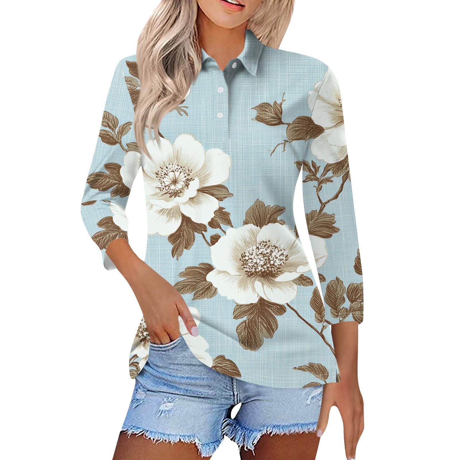 

Women s Fashion Casual Button 3/4 Sleeve Vintage Floral Print Lapel Top L ціан