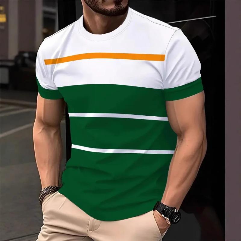 Men's Fashion 3D Stripe Printed T-shirt Micro Elastic Breathable Short Sleeve Outdoor Sports Speed Drying Large Size Top