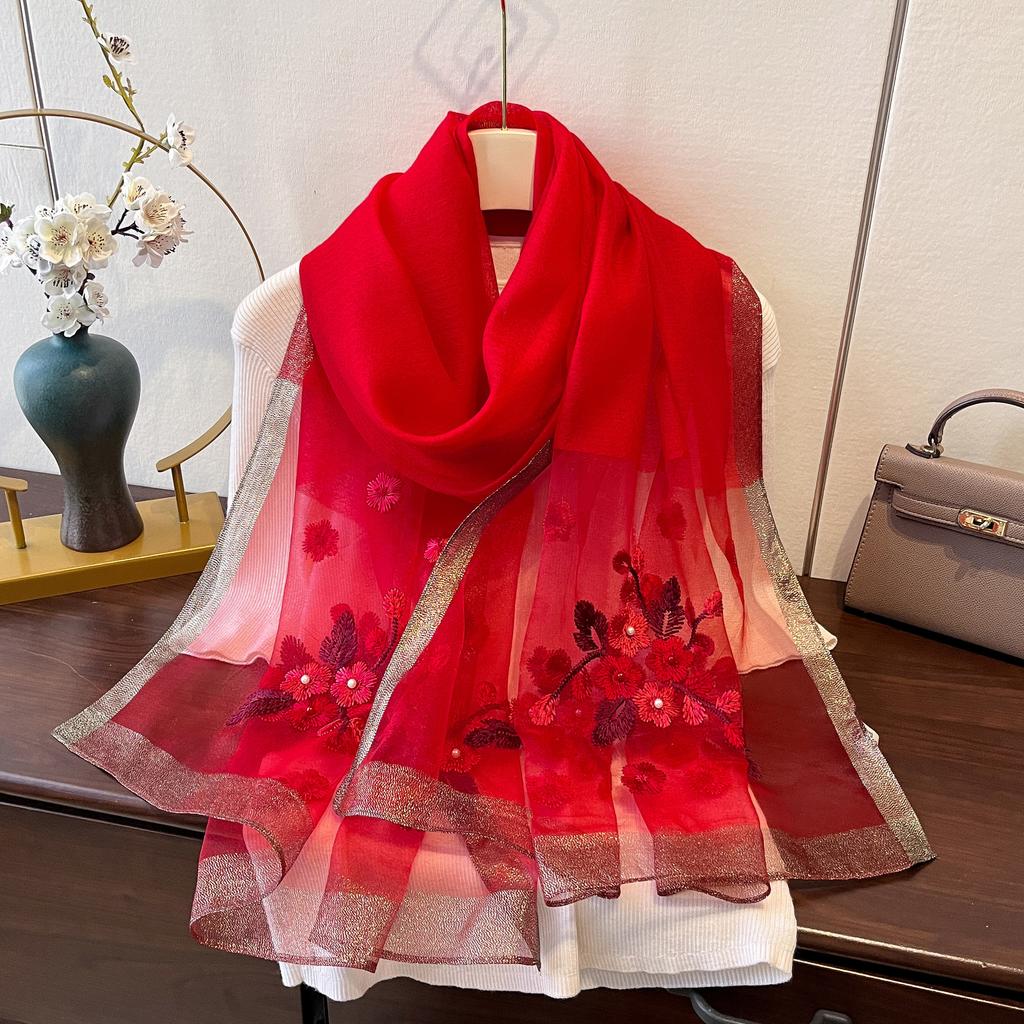 Spring Thin Exterior Shawl Dual-purpose Silk Wool Embroidered Scarf for Women's Gifts with High-end Light Luxury Mulberry Silk Scarf