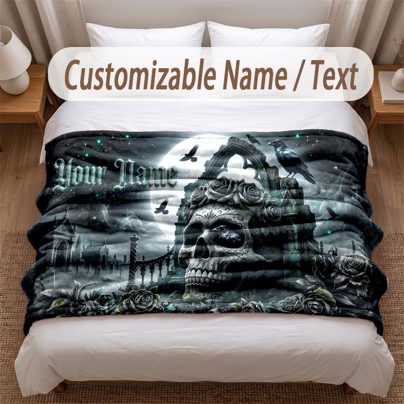 Skull Gothic Theme Soft Blanket Personalized Custom Name Text Print Warm Blanket Home Sofa Bedroom Decor