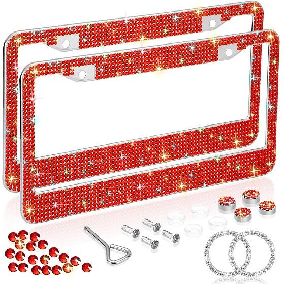 Bling License Plate Frames for Women 2 Pack, Rhinestone Crystal License Plate Cover with Bolts Washer Caps Univerasl Bling Car Accessories for Girls