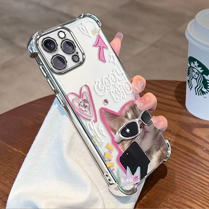 Selfie Sunglasses Cat Suitable for Iphone16 Four-corner Airbag 17promax Anti-drop Plating Apple 15 Mobile Phone Case