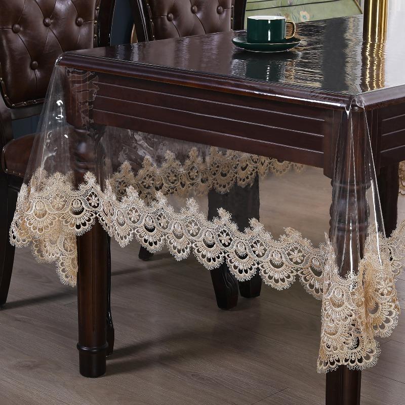 PVC No-rinse Lace Trim Tablecloth Waterproof and Oil Resistant Household Coffee Table Wear-resistant and Anti Slip Tablecloth for Dining Tables