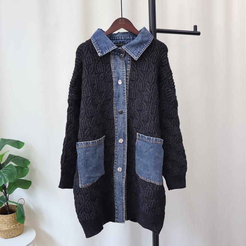 Coarse needle sweater lazy wind women's autumn and winter new loose splicing denim knitted cardigan long coat