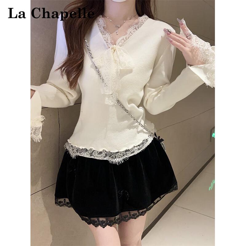 La Chapelle French V-Neck Lace Slim Knit Long-Sleeve Base Layer