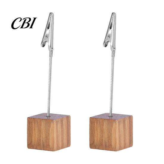 Thick And Thin Paper Clip 2 Pcs Wooden Cube Base Memo Holder with Clips, Mini Table Photo Postcard Number Stands for Name Cards, Photos, Memos,