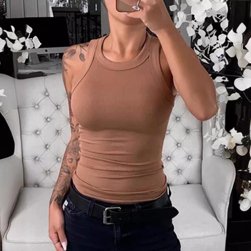 New Summer Round Neck Solid Color Sleeveless Slim Top Women's Vest