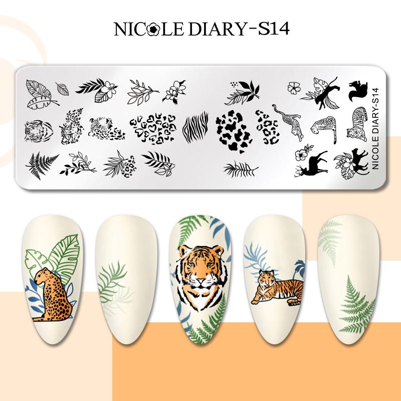 NICOLE DIARY Leopard Flower Nail Stamping Plate Image Transfer Template Geometry Leaf Stainless Steel Stencil Nail Printing Tool