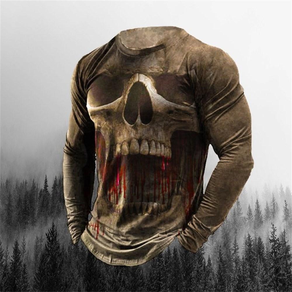 3D Printing Men's Round Neck Long Sleeves Street Trend Hip-hop Oversized Punk T-shirt Pullover Vintage Skull T-shirt