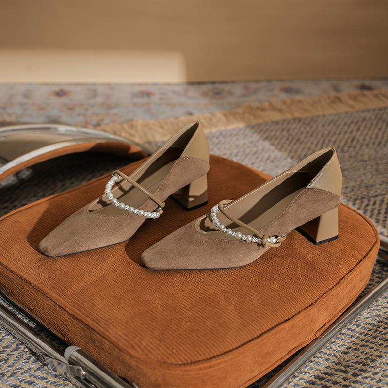 5998 Premium Temperament Thick Heel Small Square Head Shallow Mouth Pearl Chain Comfortable Two Wear Women's Suede Mary Jane Single Shoes Women