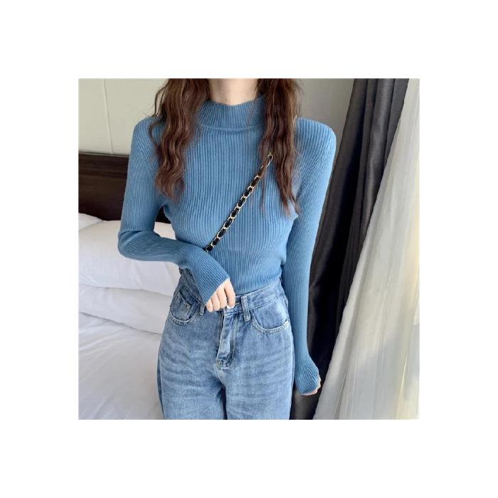 Women's 2026 Autumn Slim Fit Black Knit Long-Sleeve Half-High Neck Sweater