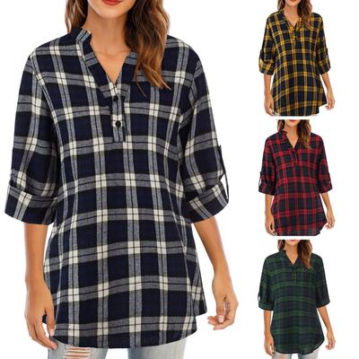 Autumn Women Plaid Tartan Shirt V-neck Buttons Pullover Cuffed Long Sleeve Loose Casual Tunic Shirt